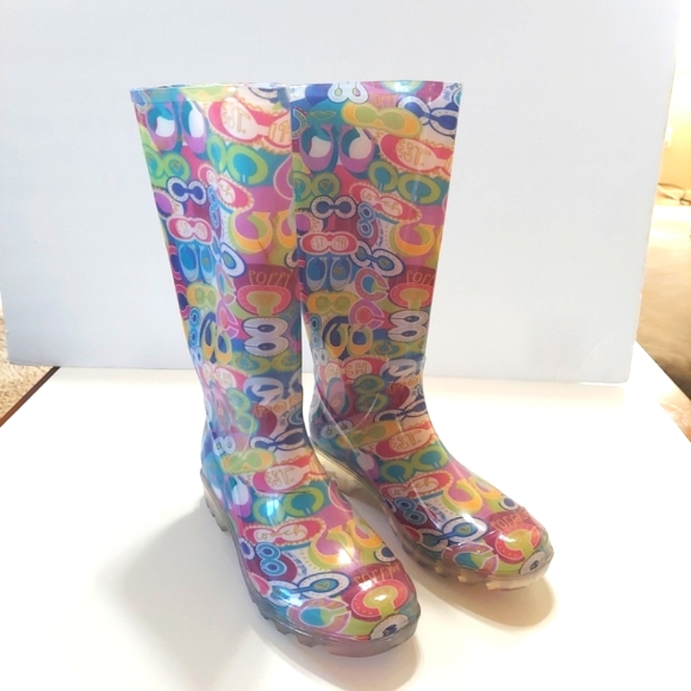 NWOT Coach Pixy Poppy Multi Color Size 7M Rain Boots In Box